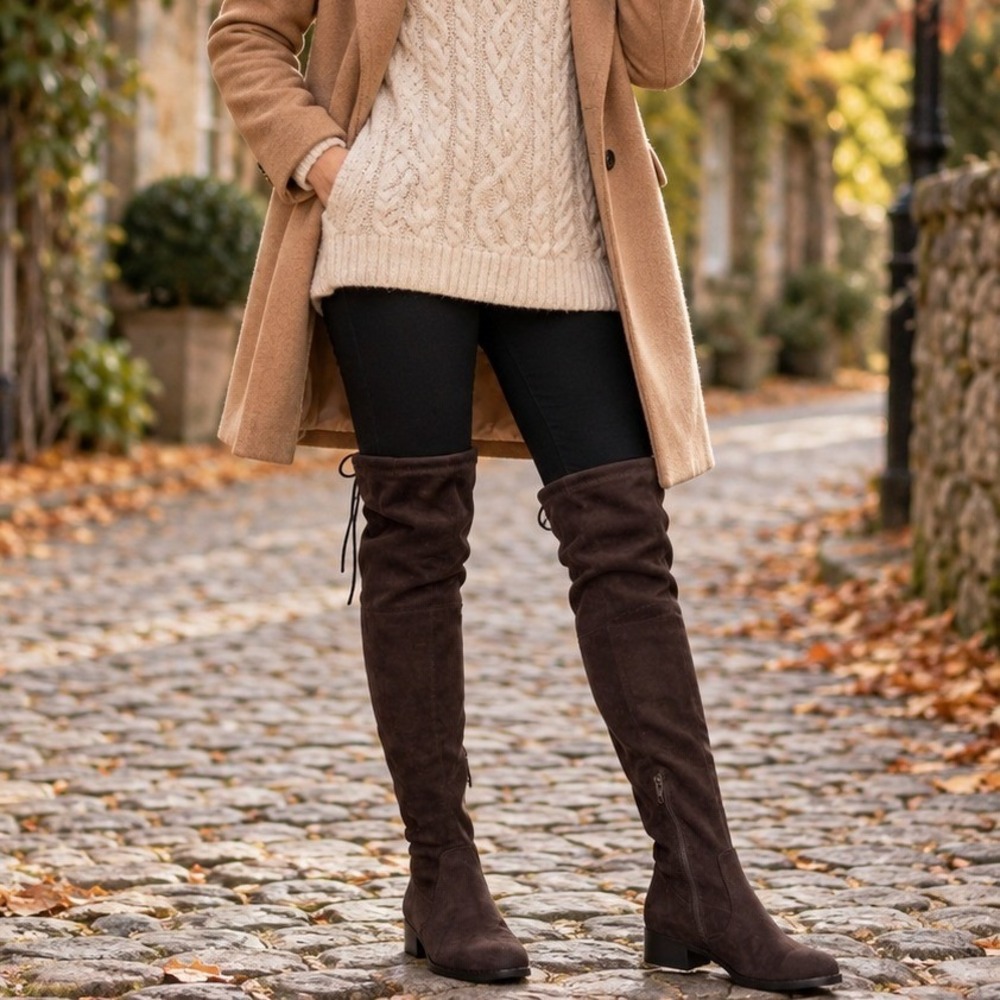 Women Dark Brown Faux Suede Over the Knee Thigh High Tie Back Boots Size 7.5